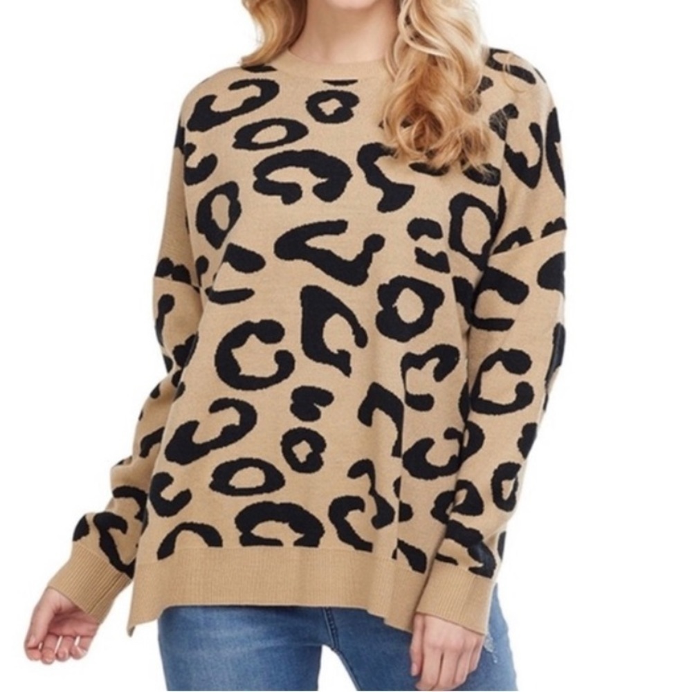 Mud Pie Leopard Oversized Boxy Tunic Sweater Tan Black Sz M